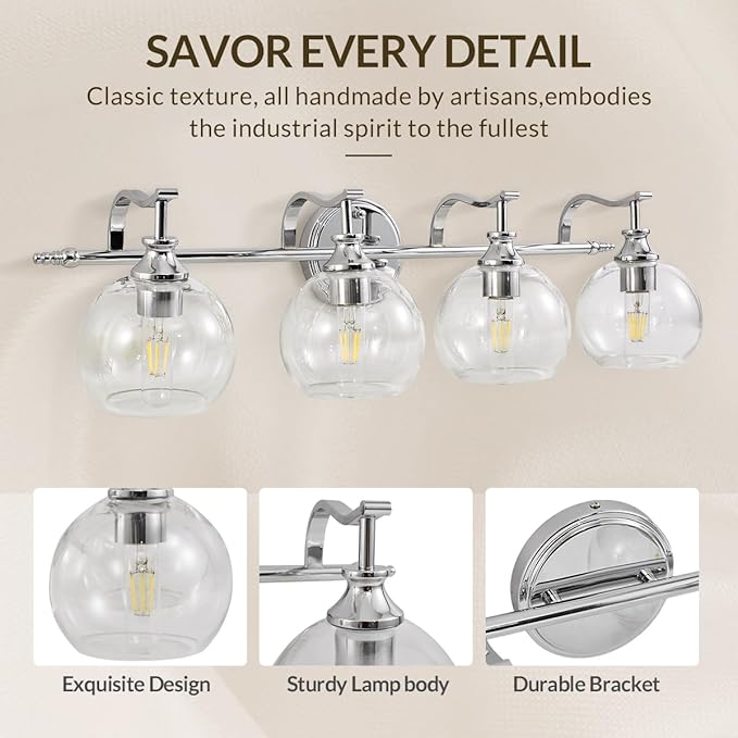 ANDY STAR 4-Light Bathroom Vanity Light, Chrome Wall Sconce, Anti-Rust Metal Bathroom Light with Hight-Quality Clear Glass, Bath Wall Lamp for Mirror, Kitchen, Living Room, Bedroom, Hallway, 30.5"