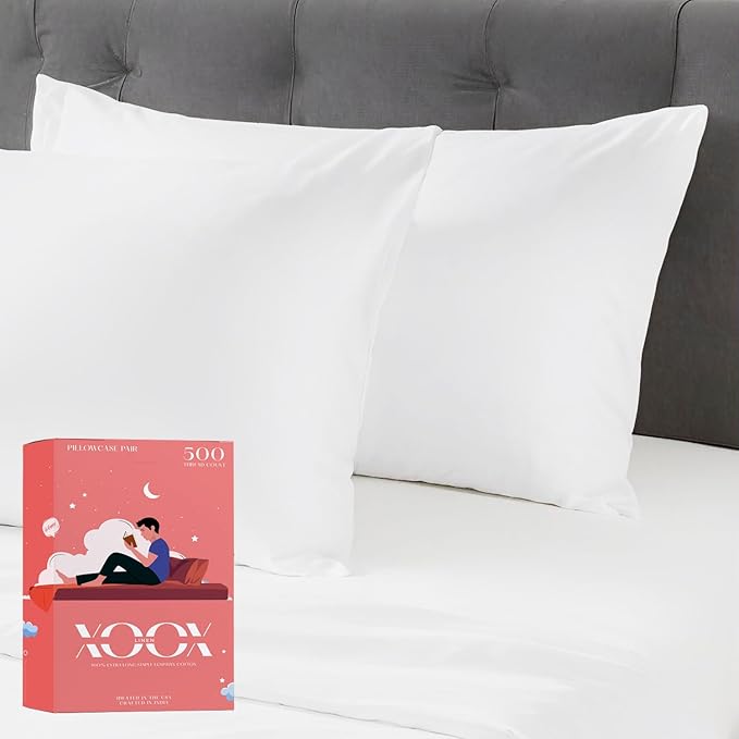 XOOX Linen 100% Cotton King Size Pillow Cases Set of 2-500 Thread Count Pillow Cases King Size Set of 2 (White), Luxuriously Soft Hotel Quality Sateen Weave Pillowcases, Crisp & Cool