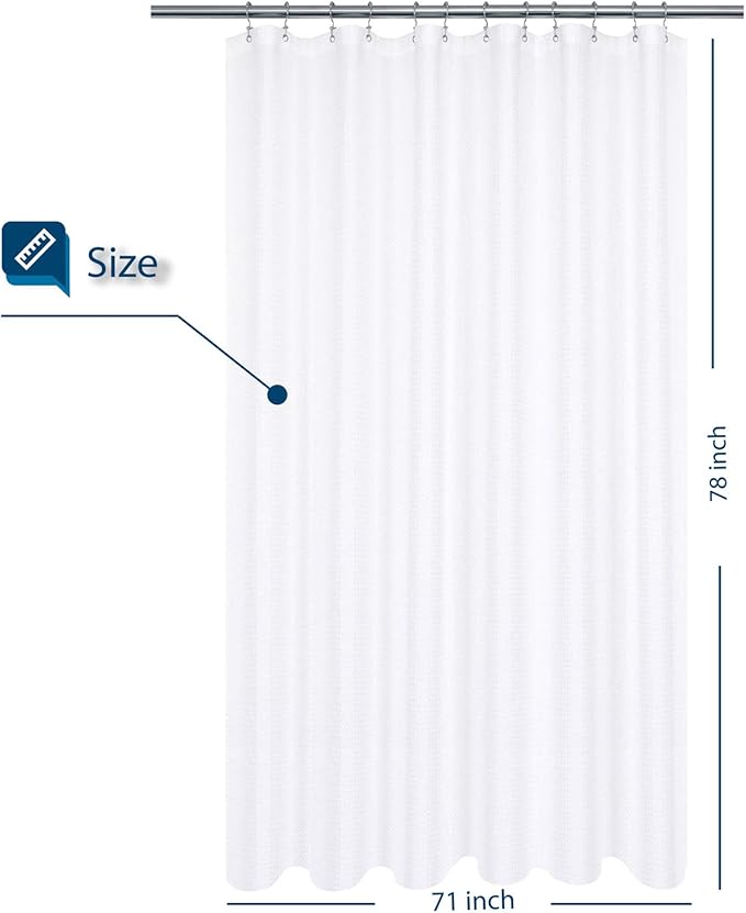 Long Shower Curtain with 78 inch Height, Fabric, Waffle Weave, Hotel Luxury Spa, Water Repellent, Machine Washable, 230 GSM Heavy Duty, White Pique Pattern Decorative Bathroom Curtain