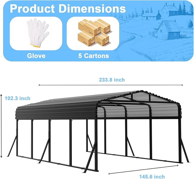 12x20FT Heavy Duty Metal Carport - Reinforced Galvanized Carport Canopy for All-Weather Shelter, Enhanced Wind Resistance for Boats, Cars, Trucks and Tractors