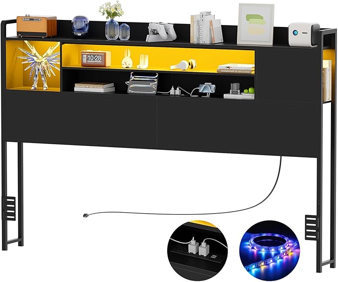 Unikito Headboard for Queen Size Bed, Bookcase Style Head Board with Power Outlet and RGB LED Light, Reversible Headboard with Storage, Height Adjustable, Sturdy and Stable, Queen Size, Black