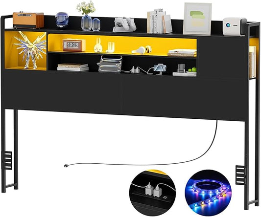 Unikito Headboard for Queen Size Bed, Bookcase Style Head Board with Power Outlet and RGB LED Light, Reversible Headboard with Storage, Height Adjustable, Sturdy and Stable, Queen Size, Black
