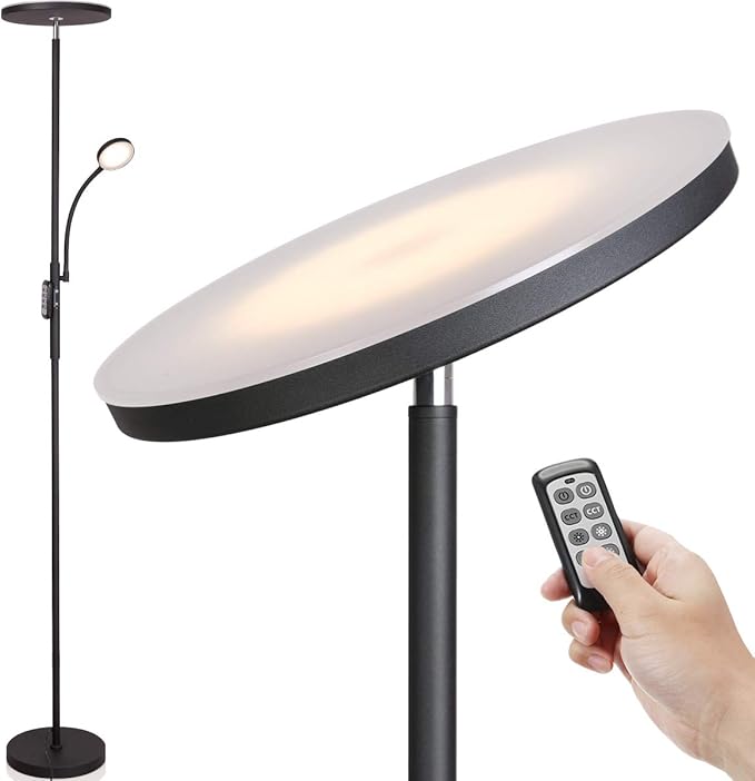 Led Floor Lamp Torchiere Floor Lamp with Adjustable Reading Lamp,2000lumens Main Light and 400lumens Side Reading Light for Living Room, Bedroom, Office, Work with Remote Control, Matte Black