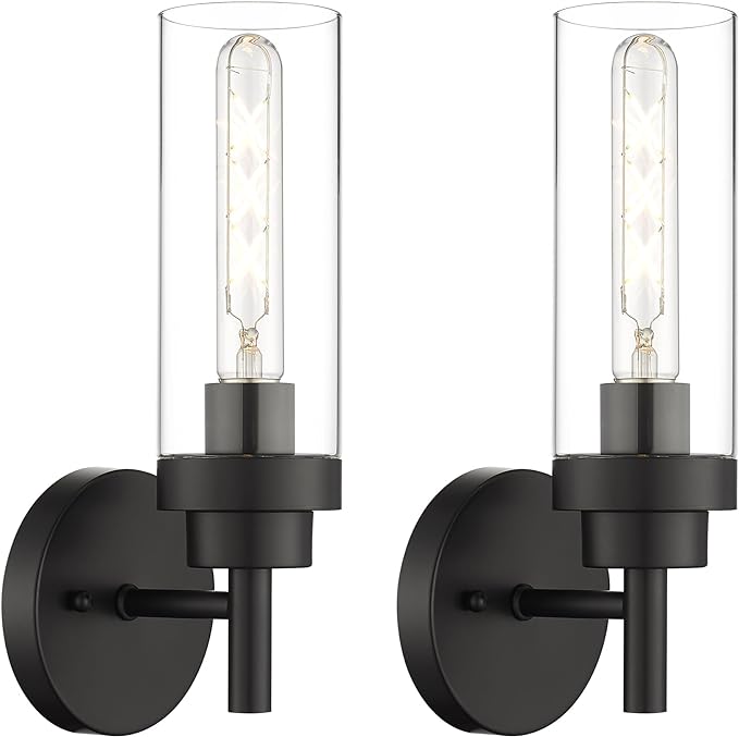 Emak Black Wall Sconces Set of Two, Modern Vanity Lights with Clear Glass Shade, Wall Lights for Bathroom, Bedroom, Living Room, Hallway, WS085-BK-2PK