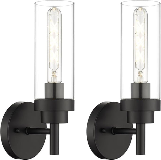 Emak Black Wall Sconces Set of Two, Modern Vanity Lights with Clear Glass Shade, Wall Lights for Bathroom, Bedroom, Living Room, Hallway, WS085-BK-2PK