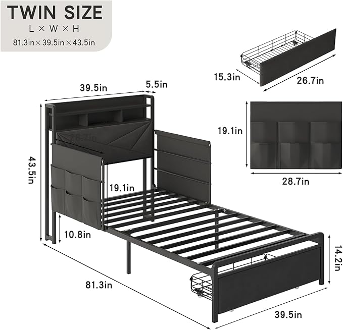 Maupvit Twin Bed Frame with Storage Headboard and Drawer,Upholstered Platform Bed Frame with LED Lights & Charging Station,Twin Size Bed with Guardrail,No Box Spring Needed,Grey