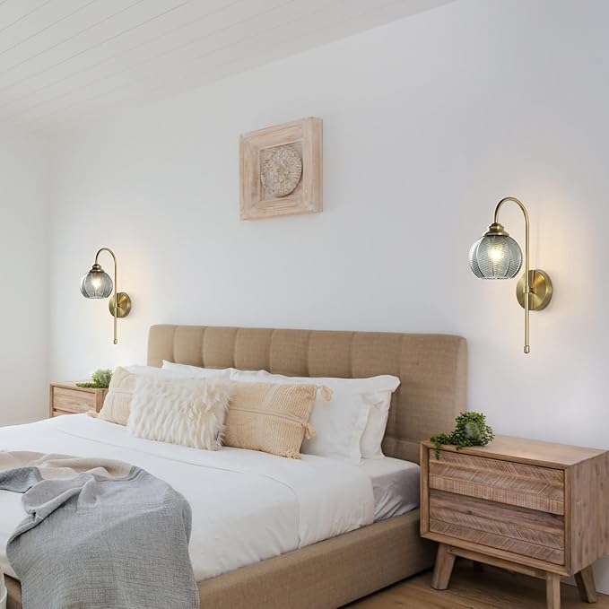 KCO Lighting Brushed Gold Wall Sconce Set of Two Vintage Smoked Glass Wall Lights Mid Century Bathroom Light Sconces Set of 2 Modern Globe Wall Sconce Long Arc Wall Light