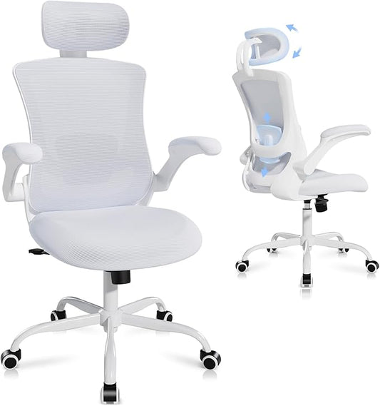 Ergonomic Office Chair with Adjustable Lumbar Support & Headrest, High Back Mesh Desk Chair with Flip-Up Armrests, Breathable & Comfortable Computer Chair for Home, Office & Study –White