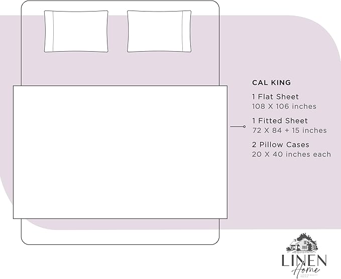 Linen Home 100% Cotton Percale Sheets California King Size, Iris Lilac, Deep Pocket, 4 Pieces Set - 1 Flat, 1 Deep Pocket Fitted Sheet and 2 Pillowcases, Crisp Cool and Strong Bed Linen