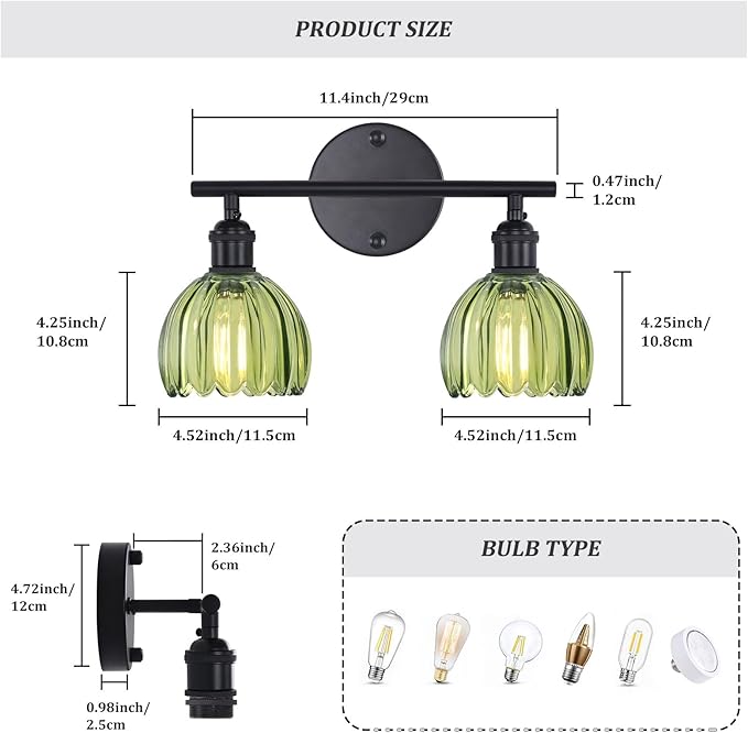 Bathroom Light Fixtures, 2-Light Black Vanity Wall Light Over Mirror with Green Tulip Glass Shade for Bedroom Living Room