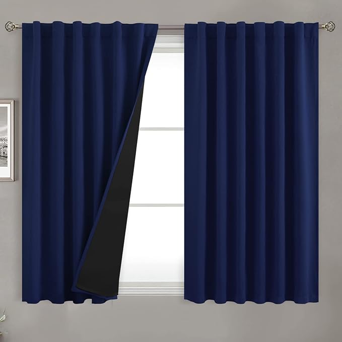 BGment Navy Blue 100% Blackout Curtains 54 Inches Long with Black Liner, Rod Pocket and Back Tab Double Layer Full Room Darkening Thermal Window Curtains for Bedroom, 2 Panels, Each 52 x 54 Inch