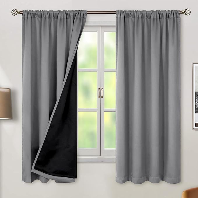 BGment Dove Grey 100% Blackout Curtains 63 Inch Length with Reducing Noise Liner, Rod Pocket and Back Tab Double Layer Full Room Darkening Window Curtain for Bedroom, 2 Panels, Each 42 x 63 Inch
