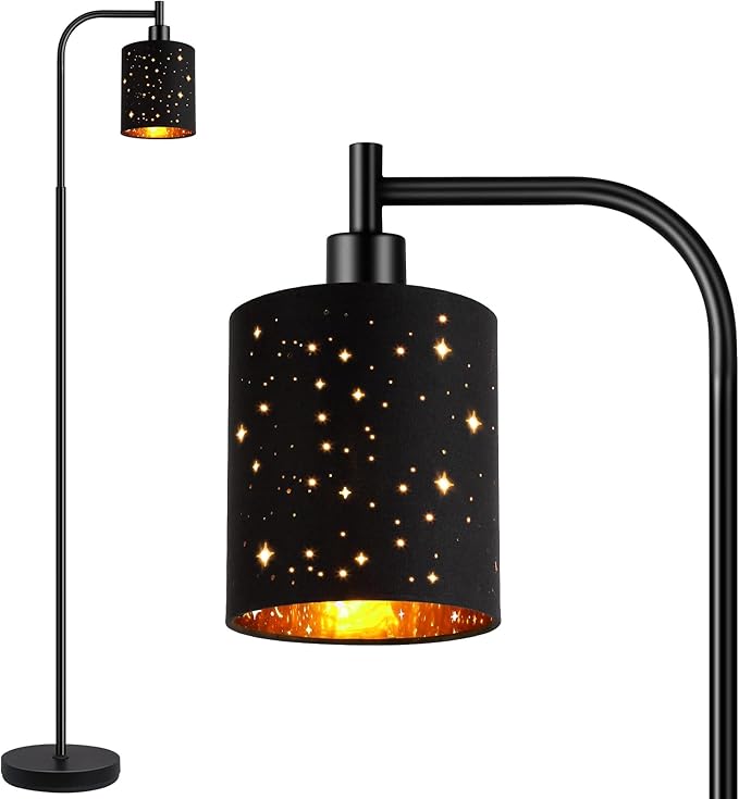 Gothic Industrial Floor Lamp with Starry Laser Cut Shade, 67" Black Metal Standing Lamp with 6W LED Bulb,Foot Switch, Perfect Halloween Spooky Home Decor,Tall Floor Lamp for Bedroom, Living Room,Black