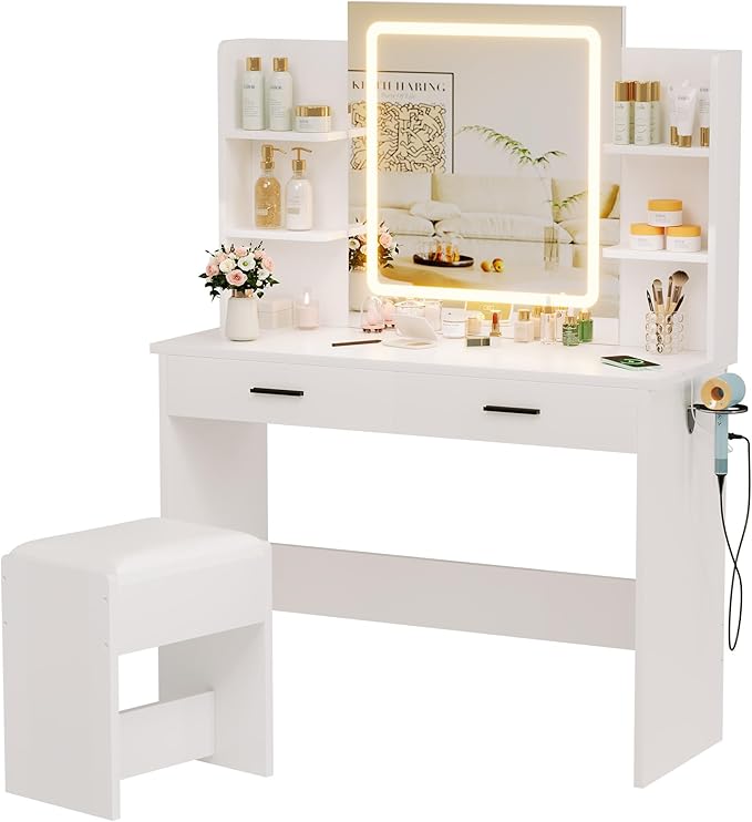 Vanity Desk with Mirror and Lights, 3-Color Lights Adjustable Brightness, White Vanity Makeup Desk with Drawer & Charging Station, Large Dressing Table Make Up for Bedroom