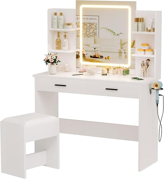 Vanity Desk with Mirror and Lights, 3-Color Lights Adjustable Brightness, White Vanity Makeup Desk with Drawer & Charging Station, Large Dressing Table Make Up for Bedroom