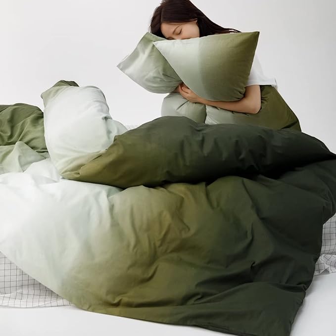 Luxlovery Gradient Army Green Comforter - Twin Size, Cotton Soft Breathable Dark Green Gradient Color Blanket Set