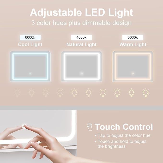 Vanity Desk with Sliding Mirror & Power Outlets - Dimmable LED Lighting, 4 Open Shelves, 2 Drawers, 1Storage Cabinet & Padded Stool - Ideal Bedroom Makeup Dressing Table （White）