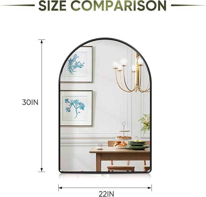 Suidia 22" x 30" Bathroom Mirror, Bathroom Vanity Mirror Metal Framed, Wall-Mounted Mirrors for Bedroom, Living Room, Entryway, Hallway, Black, Arch Style