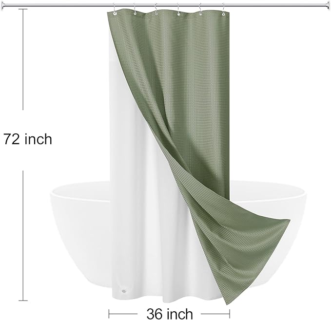 3 in 1 Stall Half Size Shower Curtain Set-36 W x 72 H, Sage Green Waffle Waterproof Fabric and PEVA Liner Set with Stainless Steel Hooks