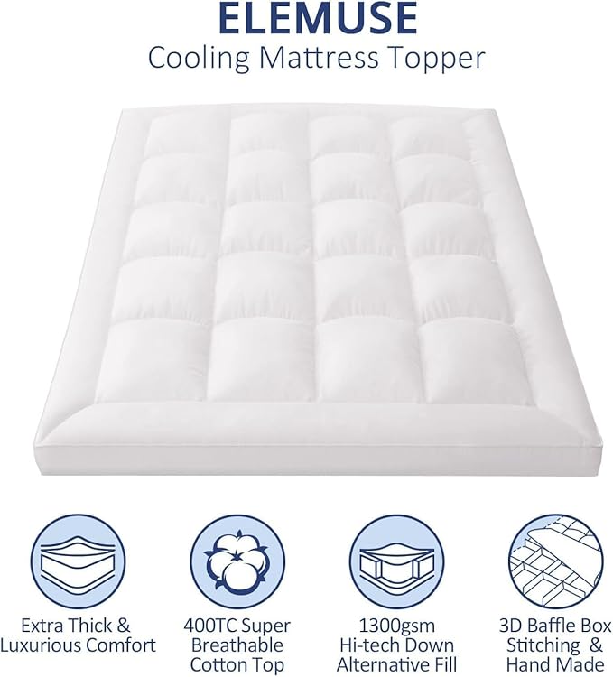 ELEMUSE 1300 GSM Overfilled Mattress Topper Queen with Baffle Box Design,Extra Thick Cooling Pillow Top Pad, 400TC Cotton Cover, Plush & Support Snow Down Alternative, White