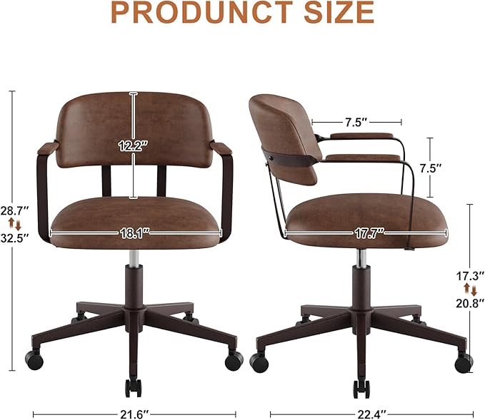 Home Office Desk Chair, Mid-Century Style Desk Chair with Padded Arms, Adjustable Seat Height, Mid Back 360° Small Computer Chair with Mobile Mute Wheel, PU Leather (Brown)