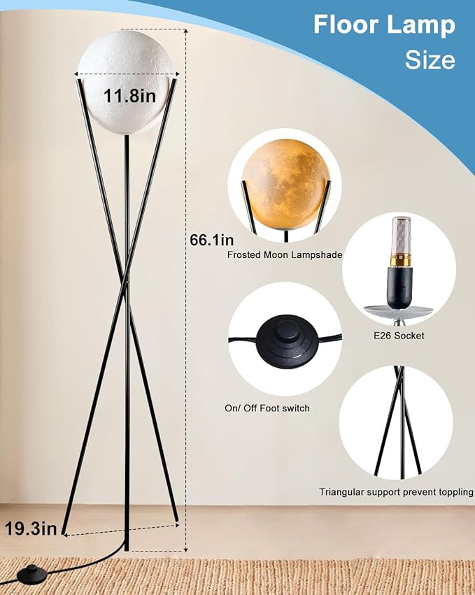 Lightdot 66" Globe Moon Floor Lamp for Living Room Modern Black Tripod Floor Lamp with 3D Printing Frosted Shade E26 300K Bulbs Included Mid Century Tall Pole Lamp for Bedroom Office