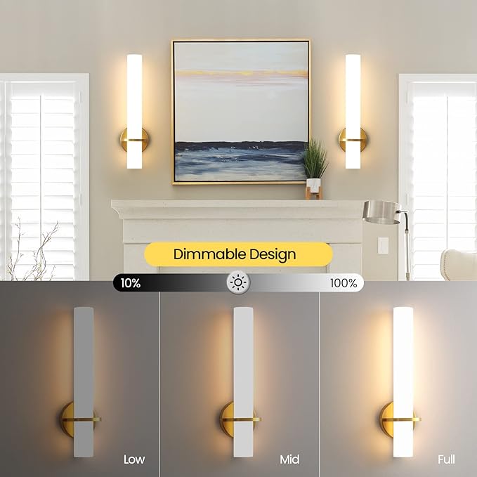 Gold Wall Sconces Set of Two - 18 inch Dimmable Modern Sconces Wall Lighting 18W 3000K LED Wall Lights Acrylic Lampshade Hardwired Wall Light Fixtures for Living Room Bedroom Bathroom Hallway