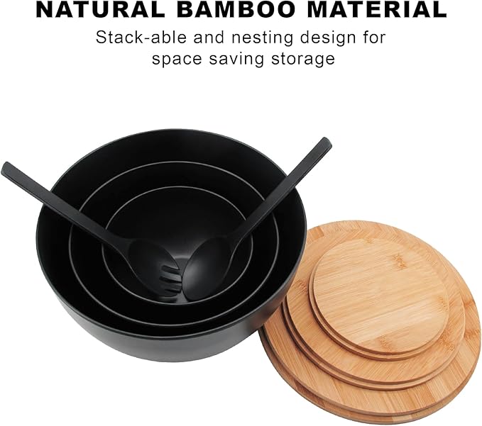 Salad Bowls Set of 3 with Lid & Serving Utensils, Bamboo Fiber Mixing Bowls Set Large Serving Bowls & Storage Set with Bamboo Lid for Salad, Kitchen Eating, Pasta, Popcorn, Chips, Fruit, Black