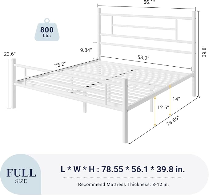 Allewie 14 Inch Full Size Metal Platform Bed Frame with Headboard and Footboard, Underbed Storage, Strong Metal Slats Support, Mattress Foundation, No Box Spring Needed, Easy Assembly, White