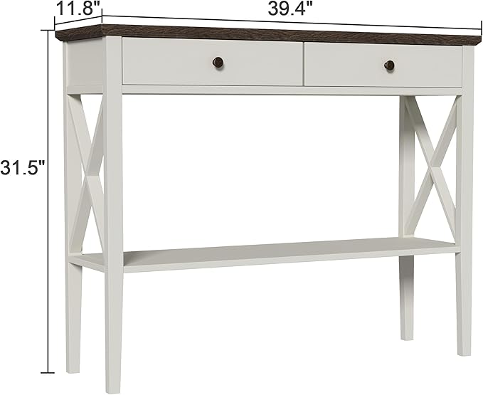 ChooChoo Farmhouse Console Table with Drawers, Narrow Wood Accent Sofa Table Entryway Table with Storage Shelf for Entryway, Front Hall, Hallway, Living Room, Antique White & Brown