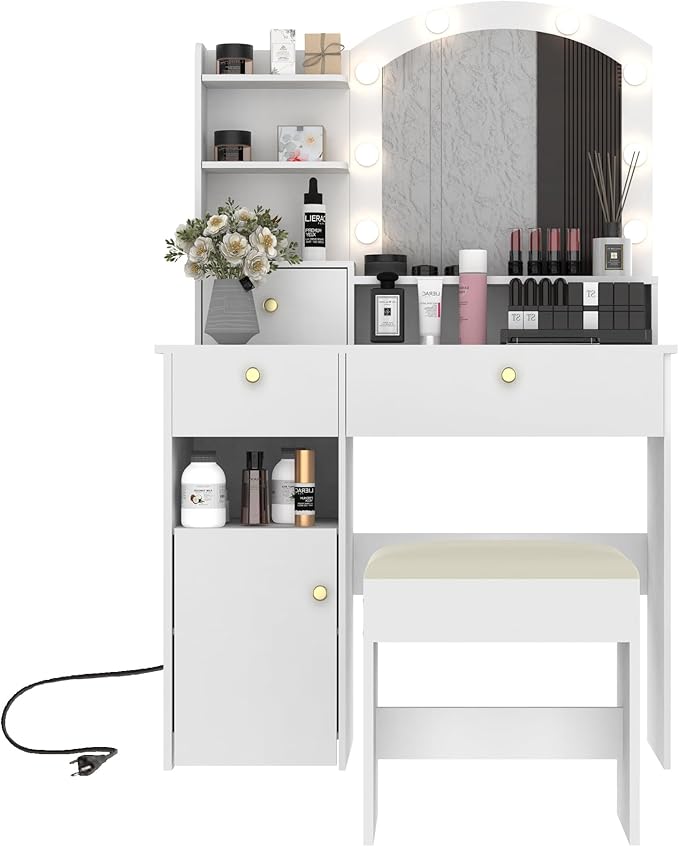 MISHAO Vanity Desk Set w/Mirror & Lights, 37" Makeup Vanity Table w/Chair & Power Outlet, Storage Drawers & Open Shelves, 3 Color Modes & Adjustable Brightness Dressing Table for Bedroom, White