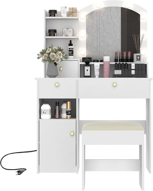 MISHAO Vanity Desk Set w/Mirror & Lights, 37" Makeup Vanity Table w/Chair & Power Outlet, Storage Drawers & Open Shelves, 3 Color Modes & Adjustable Brightness Dressing Table for Bedroom, White