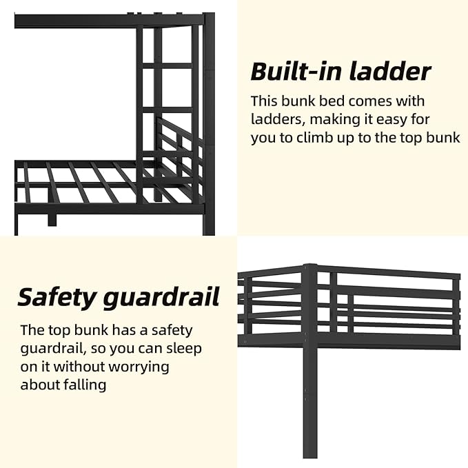 Twin XL Over Twin XL Bunk Bed Frame, Heavy Duty Metal Loft Bed for Adults/Teens, 350/500LB Capacity w/Ladder & Guardrail, Noise-Free Steel Slats, No Box Spring Required, Black