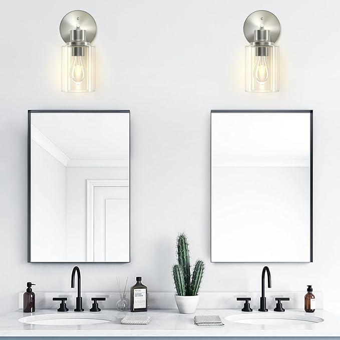 GORDNWE Set of 2 Bathroom Wall Sconce, Brushed Nickel Vanity Light, Modern Wall Light Fixture with Clear Glass Shade and E26 Bulb Base, Wall Lamp Wall Mount Light Fixtures for Mirror, Bedroom