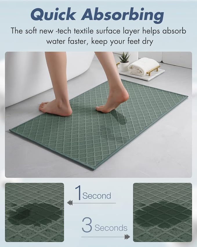AMOAMI Ultra Thin Bathroom Rugs, Rubber Backed Bath Mats for Bathroom Non Slip, Absorbent Bathroom Mat for Floor, Shower, Sink(16"x24", Green)