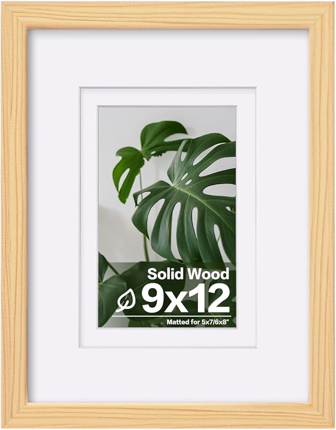 Egofine 9x12 Picture Frame Natural Wood Made of Solid Wood with Plexiglass, Display Pictures 5x7/6x8 with Mat or 9x12 without Mat, for Tabletop and Wall Mounting Photo Frame