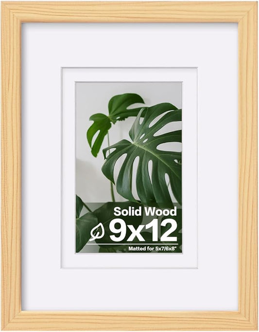 Egofine 9x12 Picture Frame Natural Wood Made of Solid Wood with Plexiglass, Display Pictures 5x7/6x8 with Mat or 9x12 without Mat, for Tabletop and Wall Mounting Photo Frame