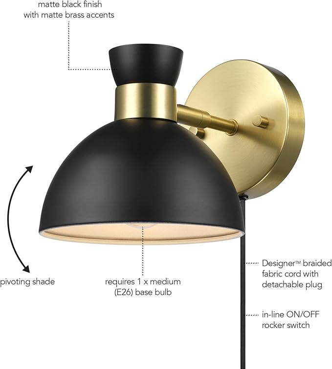 GLOBE Electric 65000100 1-Light Plug-in or Hardwire Wall Sconce, Matte Brass, Black Pivoting Metal Shade, 6ft Black Cord, in-Line Rocker Switch, Wall Lights for Living Room, Hanging Lamp