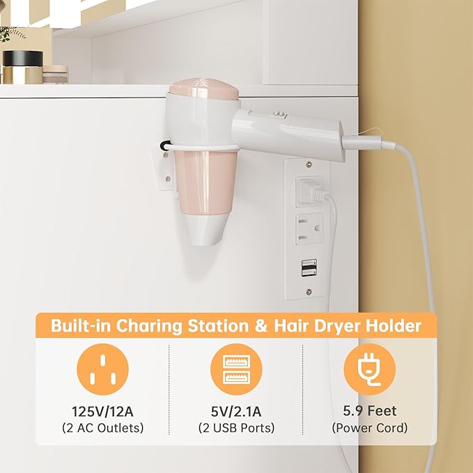 Vanity with Mirror and Lights, Vanity Tables with 7 Drawers, 3 Colors Lighting Makeup Vanity with Tri-Folding Mirror and Cushioned Stool, Big Vanities Perfect for Bedroom, White