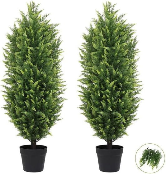 THE BLOOM TIMES 3FT Tall Artificial Cedar Topiary Trees Set of 2, UV Resistant Large Faux Cypress Evergreen Plants for Outdoor Planters, Realistic Fake Bushes & Shrubs for Front Porch Christmas Decor