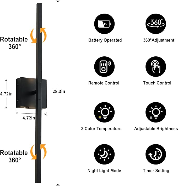 Wireless Battery Operated Wall Sconces Set of Two, Dimmable Modern Wall Sconce with Remote Control, 360°Rotation & Timer & Memory, Black Led Rechargeable Wall Lights for Living Room, 28.3 Inch