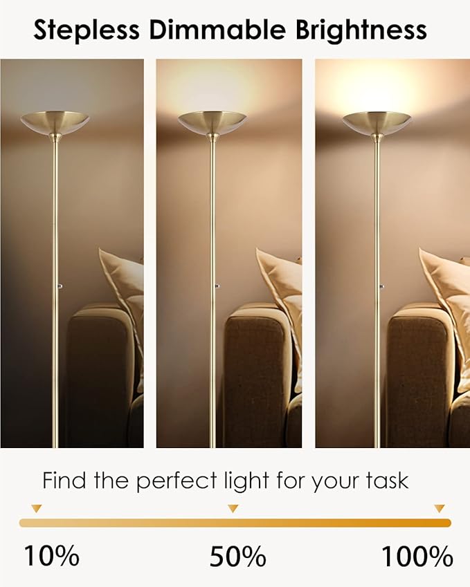 BoostArea Torchiere Floor Lamp Gold, 30W Super Bright LED Standing Lamp, 3000K Stepless Dimmable Pole Lamp with Rotary Switch, 70 Inch Tall Metal Modern Floor Lamps for Living Room/Bedroom/Office/Den