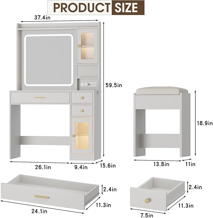 Vabches Makeup Vanity Desk with LED Mirror and Lights,Vanity Table Set with Charging Station,Dressing Table with RGB Cabinets,Bedroom Vanity for Women,Girls