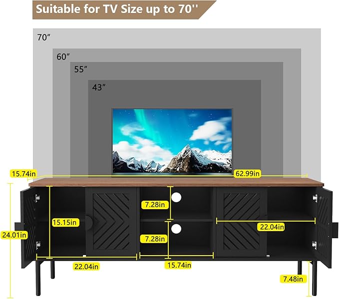 ARTPOWER 63" Modern TV Stands for Living Room, Long Entertainment Center with Storage, TV Console for 55 60 65 70 Inch TV, Bedroom TV Cabinet with Doors, Wood Media Console, Television Stand, Black