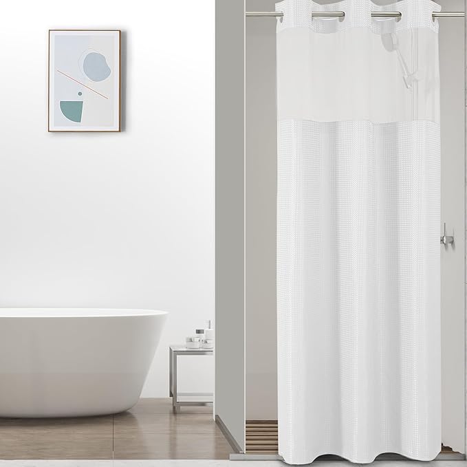 Colorful Star Small Stall Shower Curtain with Snap in Fabric Liner, Waffle Weave No Hook Shower Curtains with Mesh Top Window, Hotel Style Waterproof Bathroom Curtain Set, 36 x 75 Inch, White