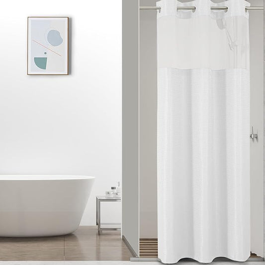 Colorful Star Small Stall Shower Curtain with Snap in Fabric Liner, Waffle Weave No Hook Shower Curtains with Mesh Top Window, Hotel Style Waterproof Bathroom Curtain Set, 36 x 75 Inch, White