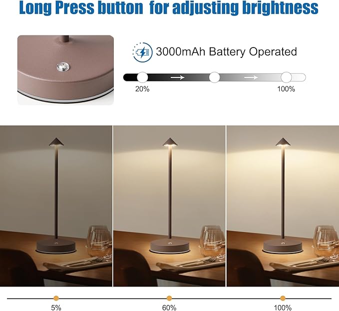 3w Led Cordless Rechargeable Table Lamps,3000 Mah Battery Operated Lamp 2 Level Led Table Lamp Small Touch Table Lamp in Aluminium 3000k Dimmable Table Lamps Set of 2 (Rust)