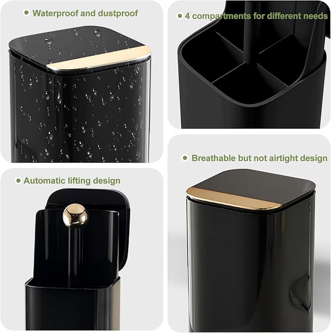 DASITON Makeup Brush Holder with Lid,4 Slots Makeup Brush Organizer,Automatic Lifting Makeup Cosmetics Organizer,for Vanity Decor,Bathroom Countertop,Dustproof Cosmetic Brushes Container(Gold-Black)