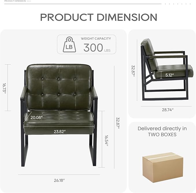 COLAMY Accent Chairs Set of 2, Modern Accent Arm Chairs for Living Room, Comfy Leather Armchairs with Metal Legs for Reception Waiting Room Office Lobby, Green