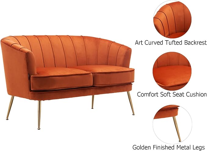 Velvet Loveseat - Luxury Modern Comfy Tufted Chesterfield 2 Person Couch for Living Room/Bedroom, Caramel